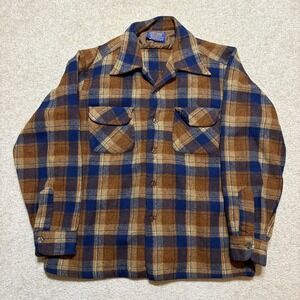Vtg Pendleton Shirt Mens Large Brown Plaid Wool Flannel Loop Collar Made USA 60s